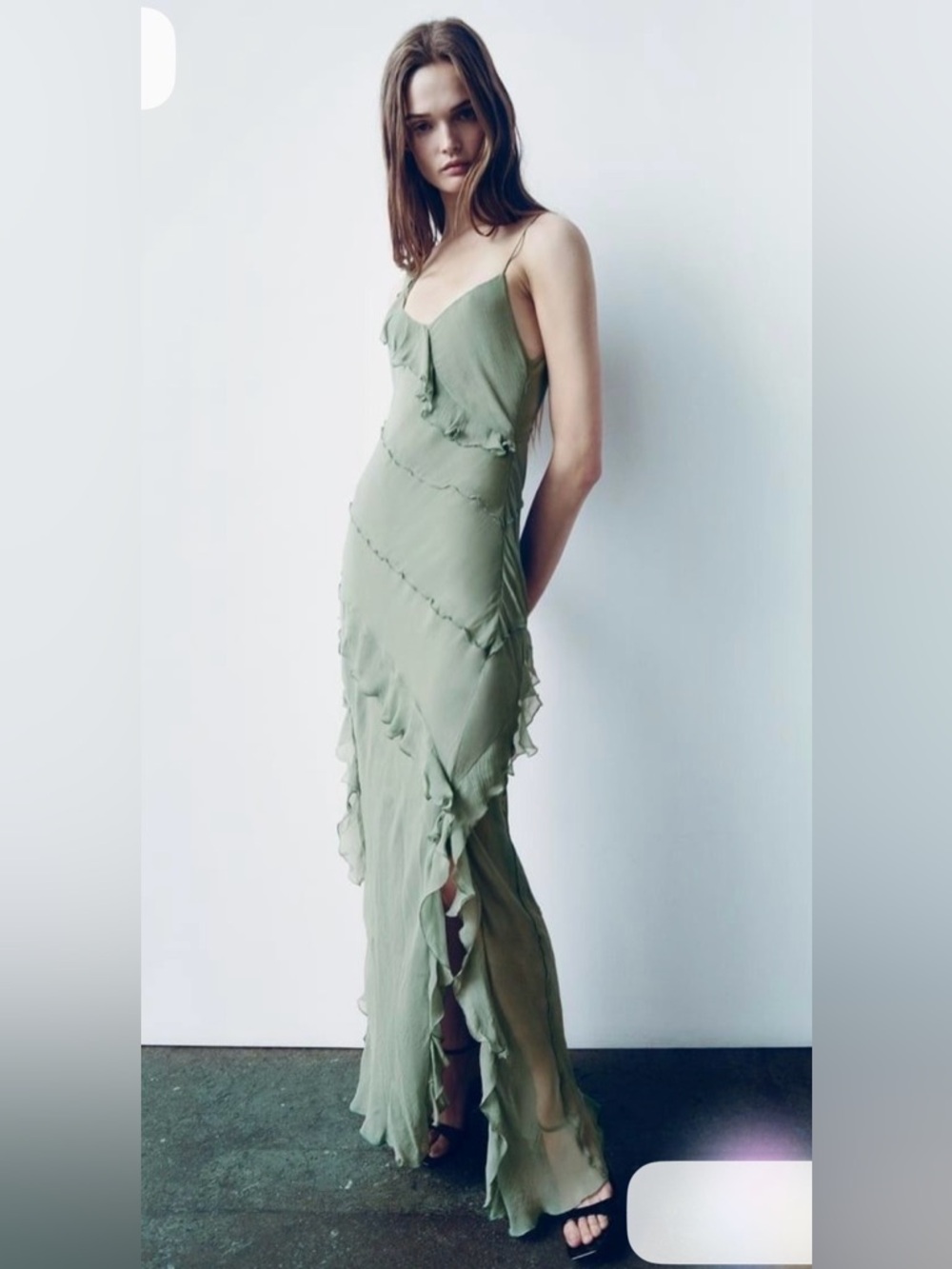 Zara Light Sage Green Ruffle-Detail Maxi Slip Dress